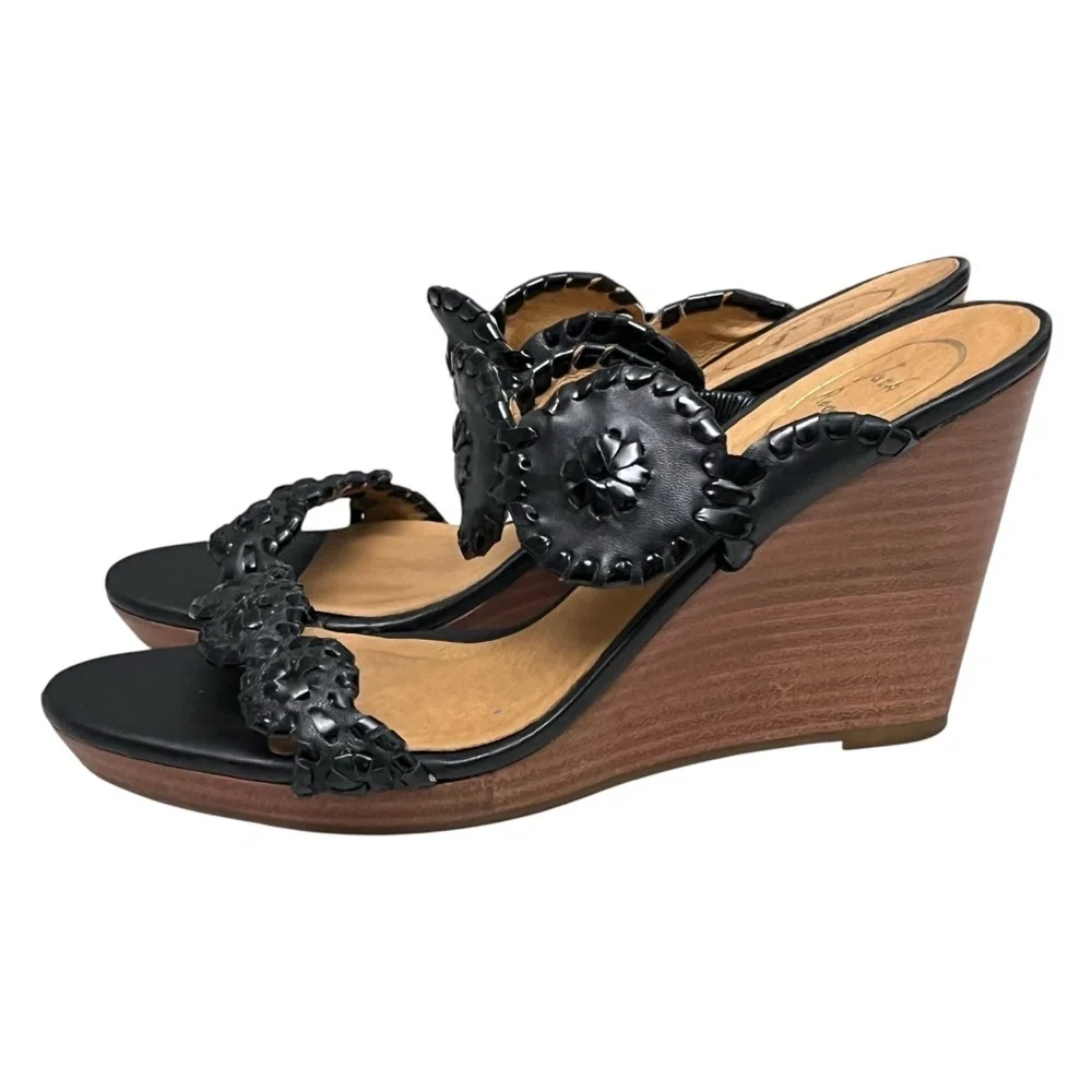 Jack Rogers Luccia Wedge Sandals Black Leather Medallion 6.5M